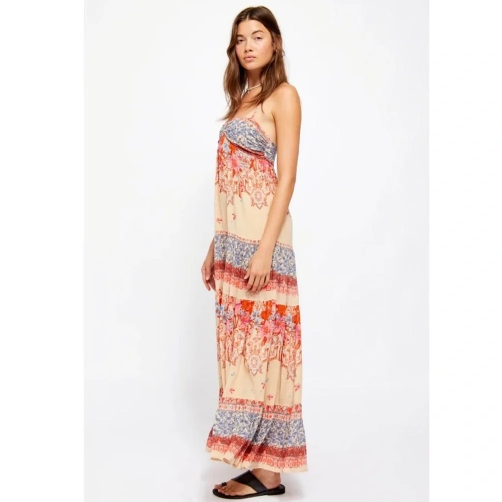Free People Beige Floral Tiered Maxi Dress with Red and Blue Accents - Picture 2 of 13
